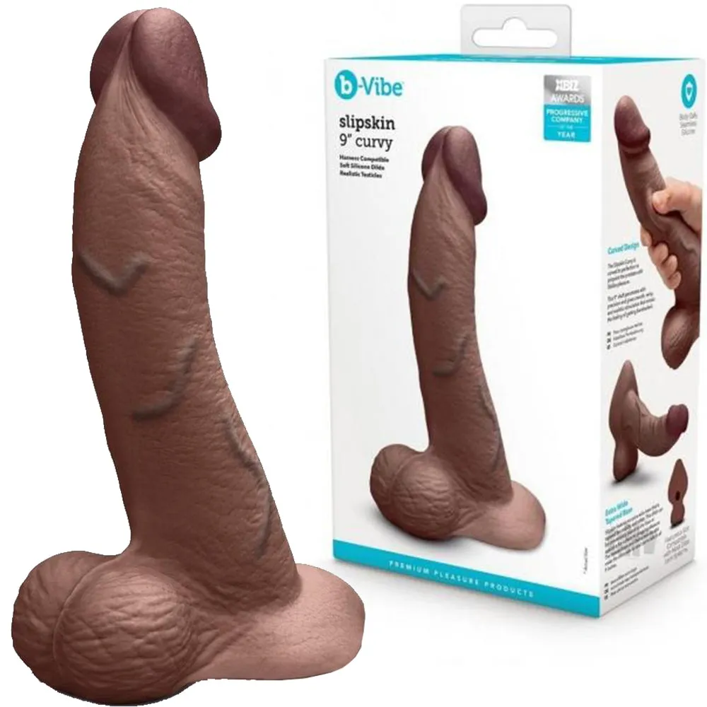 B-Vibe Slipskin Realistic Silicone Dildo-9 Curved Brown