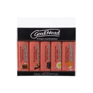 GoodHead Oral Delight Gel Dessert 5 Pack 1 oz. Orange Creamsicle. Salted Caramel. Strawberry Pie. Chocolate Fudge. Sugar Cookie (Vanilla)