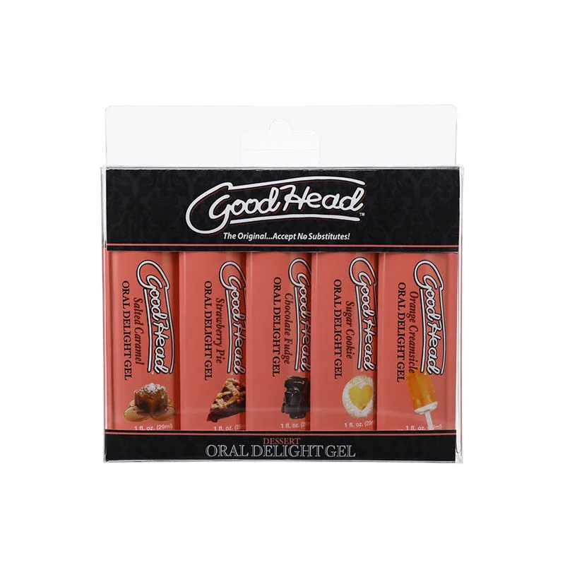 GoodHead Oral Delight Gel Dessert 5 Pack 1 oz. Orange Creamsicle. Salted Caramel. Strawberry Pie. Chocolate Fudge. Sugar Cookie (Vanilla)
