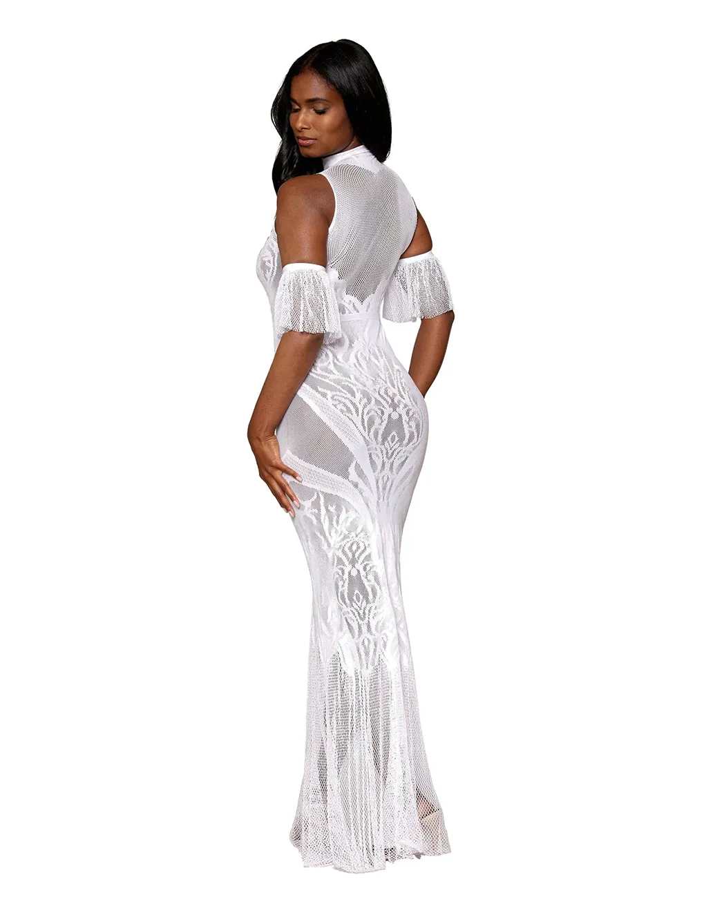 Halter Knit Lace Gown w. Flutter Sleeves