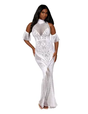 Halter Knit Lace Gown w. Flutter Sleeves