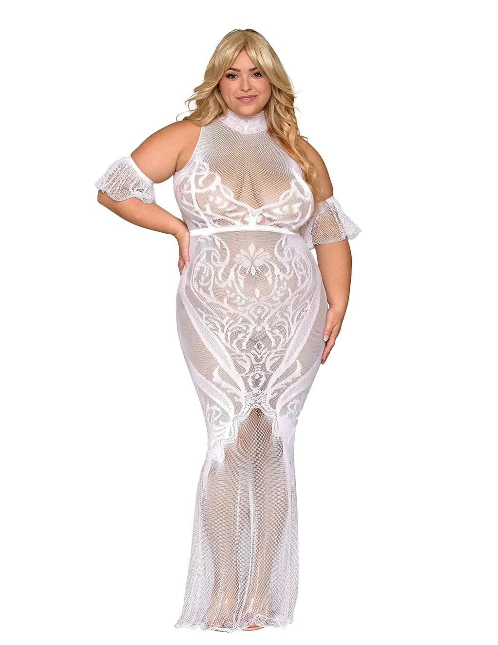 Halter Knit Lace Gown w. Flutter Sleeves