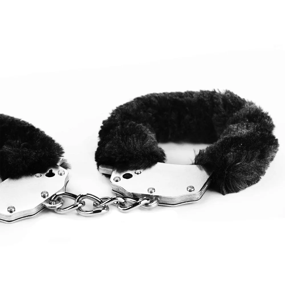 Lovetoy BDSM Fetish Fluffy Handcuffs Metal Restraints Hand Cuffs Bondage Black