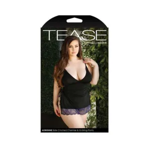 Tease Adrienne Side-cinched Microfiber Chemise With Floral Lace Trim & G-string Panty Black 3x/4x